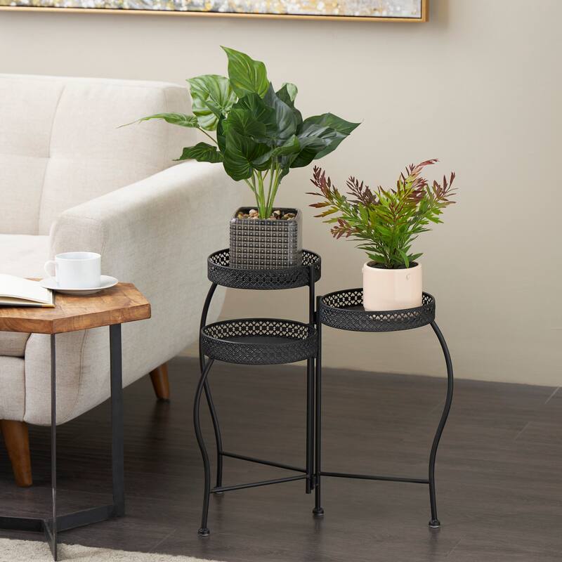 Black Metal Curved Folding 3 Tier Indoor Outdoor Plantstand with Floral and Scroll Patterns - Black