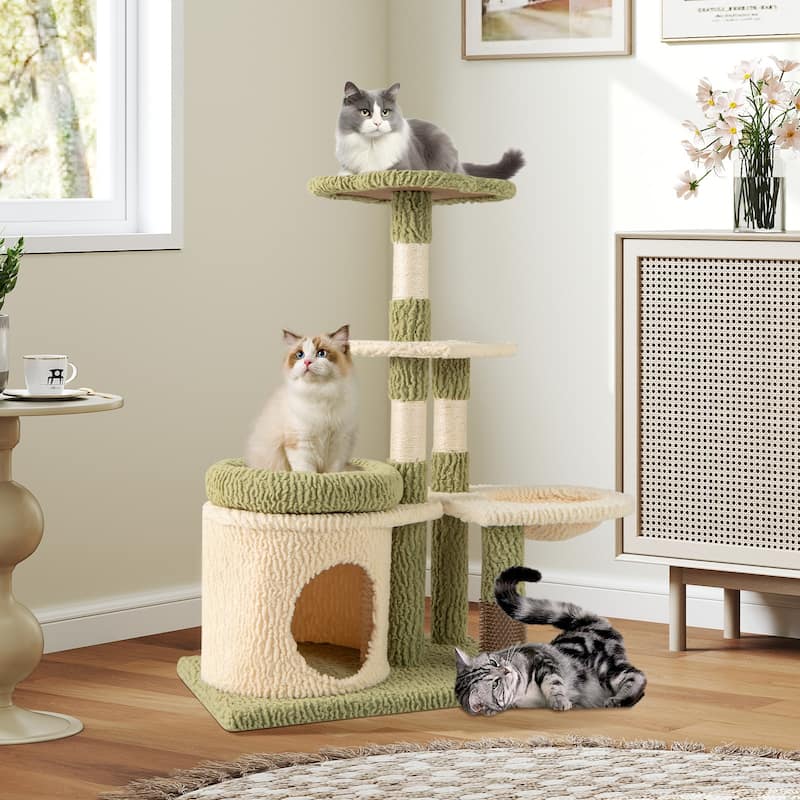 Green-White Plush Cat Tree Tower with Condo, Hammock and Grooming Brush - 24" L x 16" W x 38" H