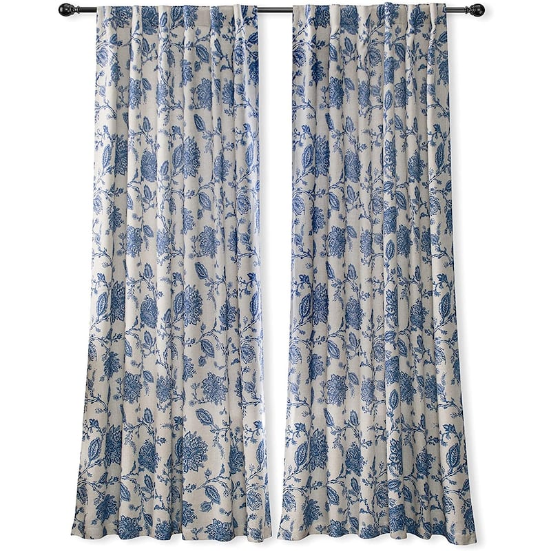 DriftAway Freda Jacobean Floral Linen Blend Lined Blackout Back Tabs Window Curtains - 52" width x 84 " length - Navy