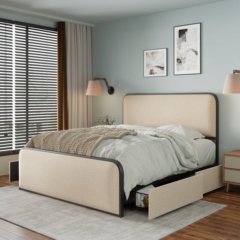 Beige Upholstered Bed Frame with Curved Headboard Footboard, Metal Slat Support Low Profile Platform Bed, Wingback Panel Bed - Beige with Drawers - King