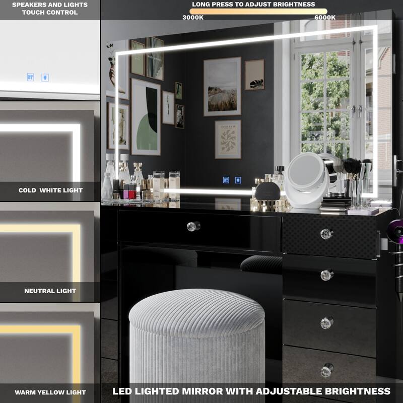 Boahaus Smart Vanity Desk with LED Mirror & Bluetooth Speakers