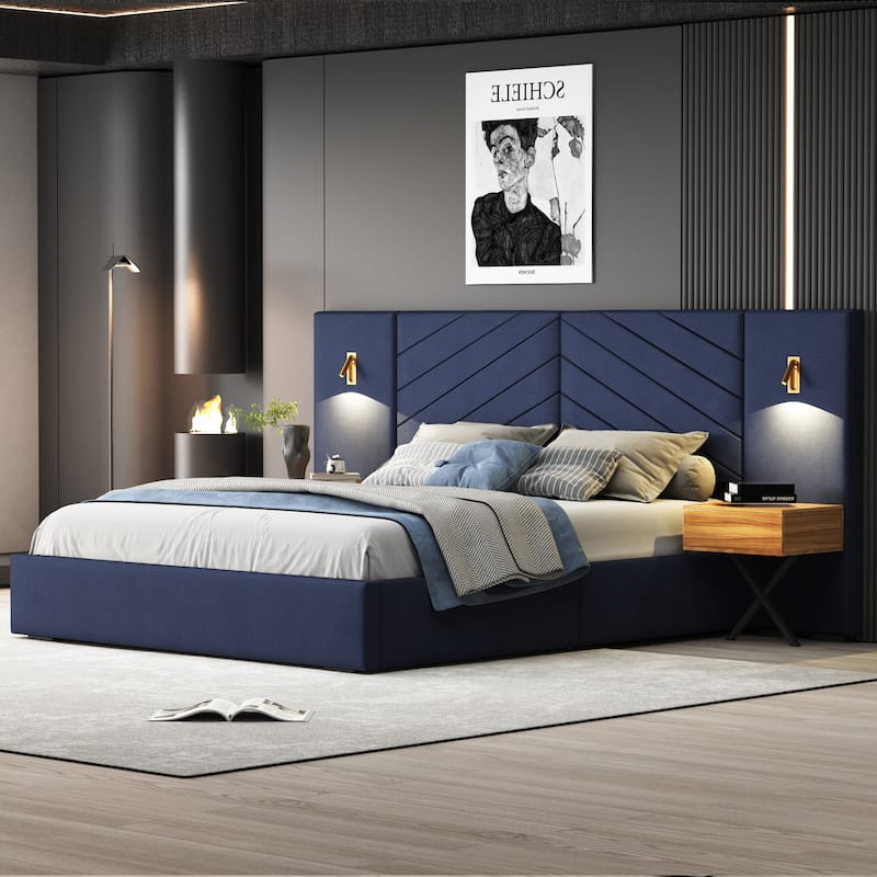 King/Queen Velvet Upholstered Bed Frame with Wingback Headboard, LED Lights, Wooden Slats, Easy Assembly, No Box Spring Needed