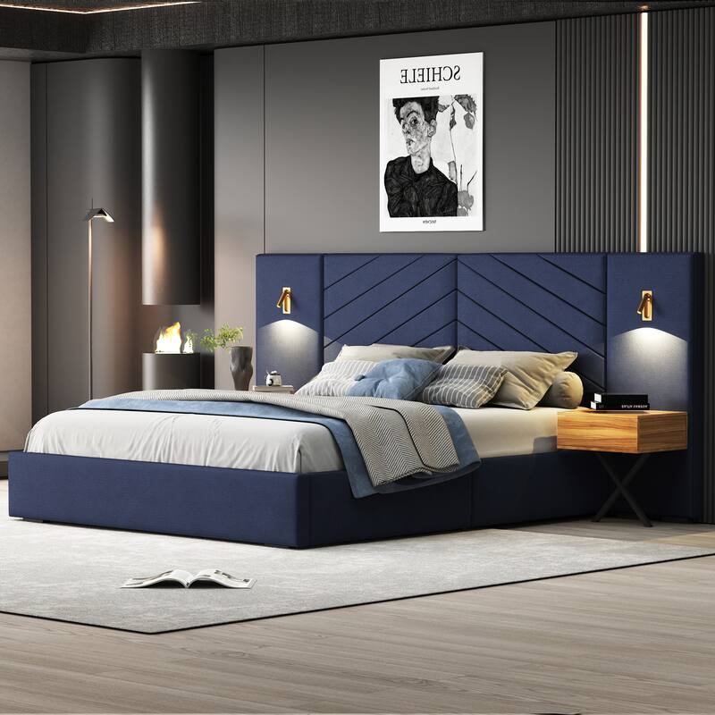 Queen Size Velvet Bed Frame/Vertical Channel Tufted Wingback Headboard/Strong Wooden Slats/No Box Spring Needed - Retro Blue