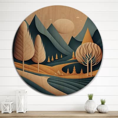 Designart "Full Moon Mountain Serenity I" Landscape Mountains Wood Wall Art - Natural Pine Wood