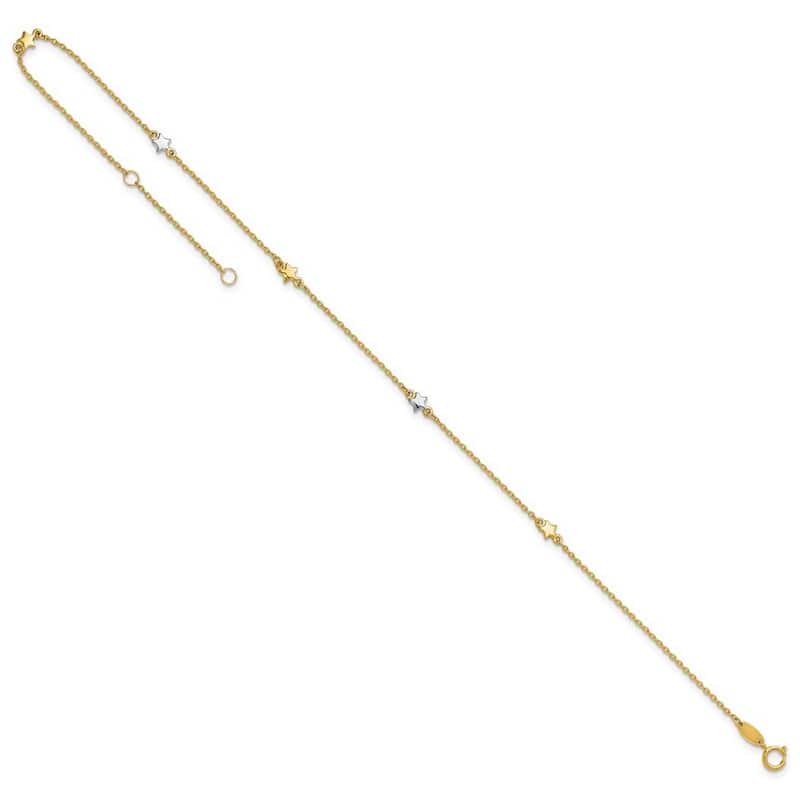 14k Two tone Gold 10+1" Polished 4mm Star Anklet (Spring-ring)