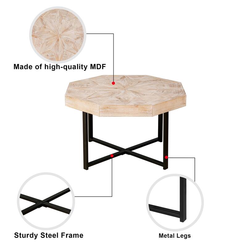 Vintage Center Table Octagonal Coffee Table Living Room End Table with Patchwork Solid Wood Tabletop and Crossed Metal Legs