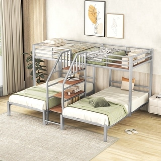 Metal Twin over Twin Triple Bunk Bed with Storage Shelves Staircase, Sturdy Frame, Space-Saving Design, Silver