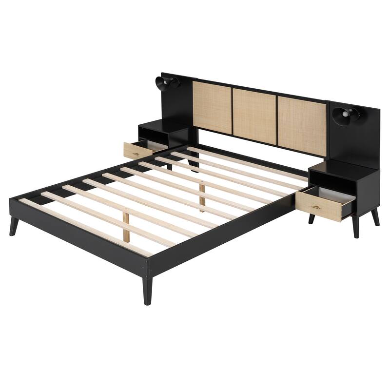 Queen Size Bed Frame, Nightstands & Headboard 3 in 1 Slats Platform Bed with Drawers and Lamps, Rattan Design for Bedroom