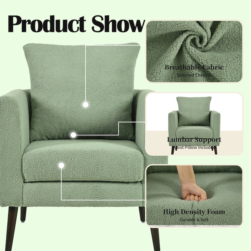 Green Modern 26.77" Upholstered Arm Chair with Solid Wood Legs and Waist Pillow