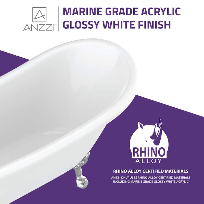 Diamante 67.3" White Acrylic Slipper Claw Foot Tub with Lion's Paw Feet