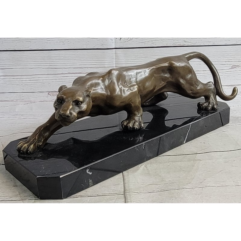 Cougar Puma Panther Mountain Lion Bronze Sculpture Statue On Marble Base