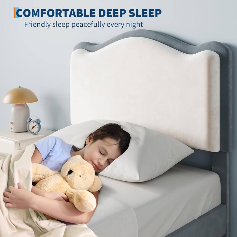 Upholstered Bed Frame for Kids with Storage Drawer and Scallop Headboard, No Box Spring Needed