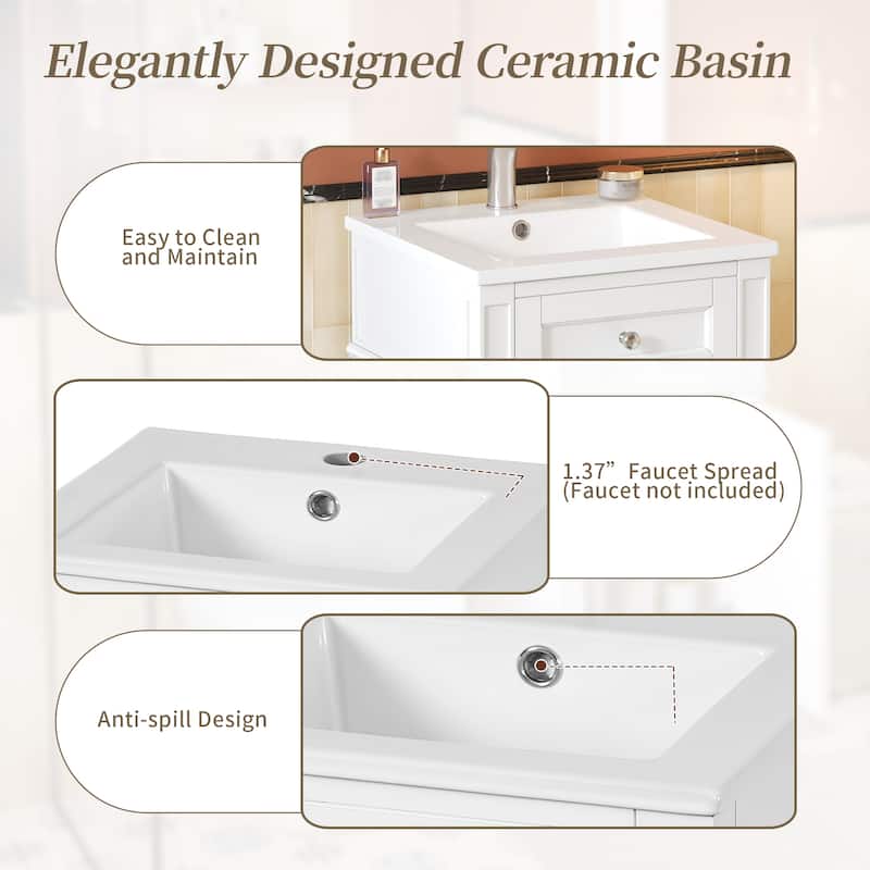 16-inch Freestanding Bathroom Vanity with Ceramic Sink - French Style Single Vanity with Soft-Closing Door & Solid Feet