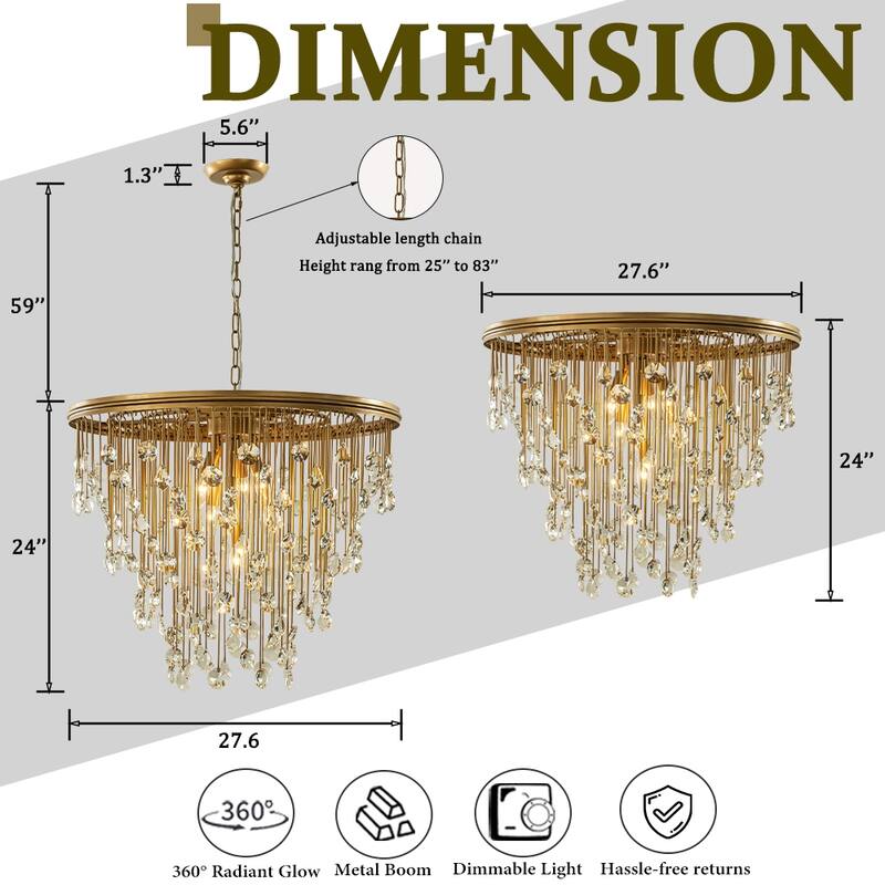 CraftHome Mid-Century Statement Crystal Chandelier Painted Brass Vintage Glam Pendant Light Adjustable Ceiling Fixture
