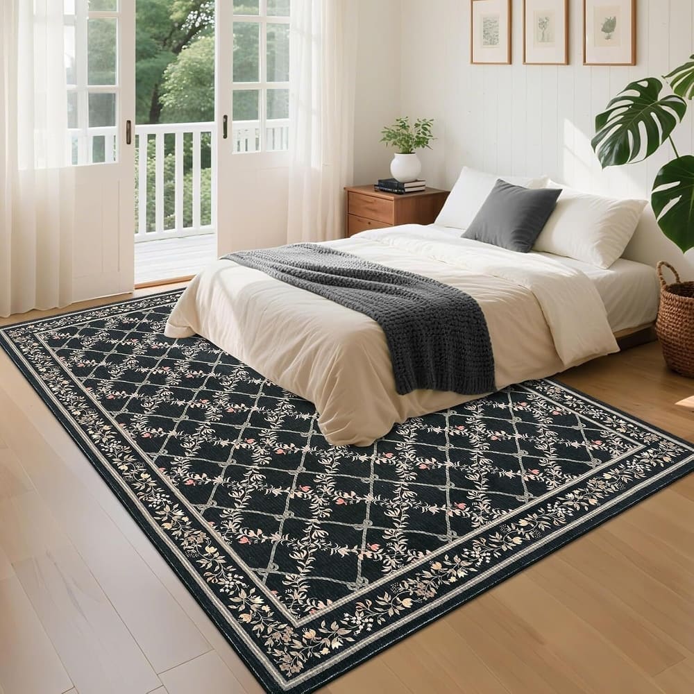 Floral Neutral Washable Hallway Low Pile Area Rug for Bedroom, Living Room, Black - 2' x 3'