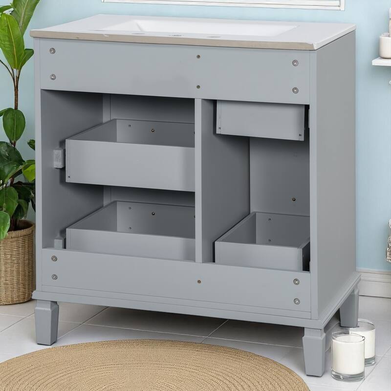 30" Bathroom Vanity with Sink, Freestanding Cabinet with Flip-Out Drawer & Double-Layer Storage, Solid Wood with Ceramic Basin