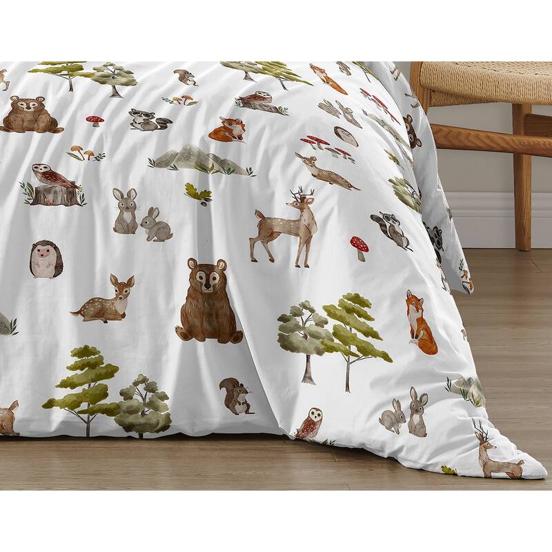 Sweet Jojo Designs Woodland Forest Animals Boy Girl Gender Neutral Unisex 2p Twin-size Comforter Set Brown Bear Fox Deer Friends