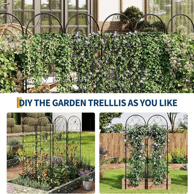 2-Pack Metal Garden Trellis for Climbing Plants Rust-Proof Panels with Scroll Design for Vines Roses and Tomatoes Black