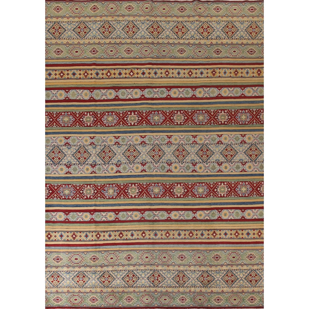 Striped Kazak Geometric Area Rug Wool Carpet - 9'10" x 12'9"