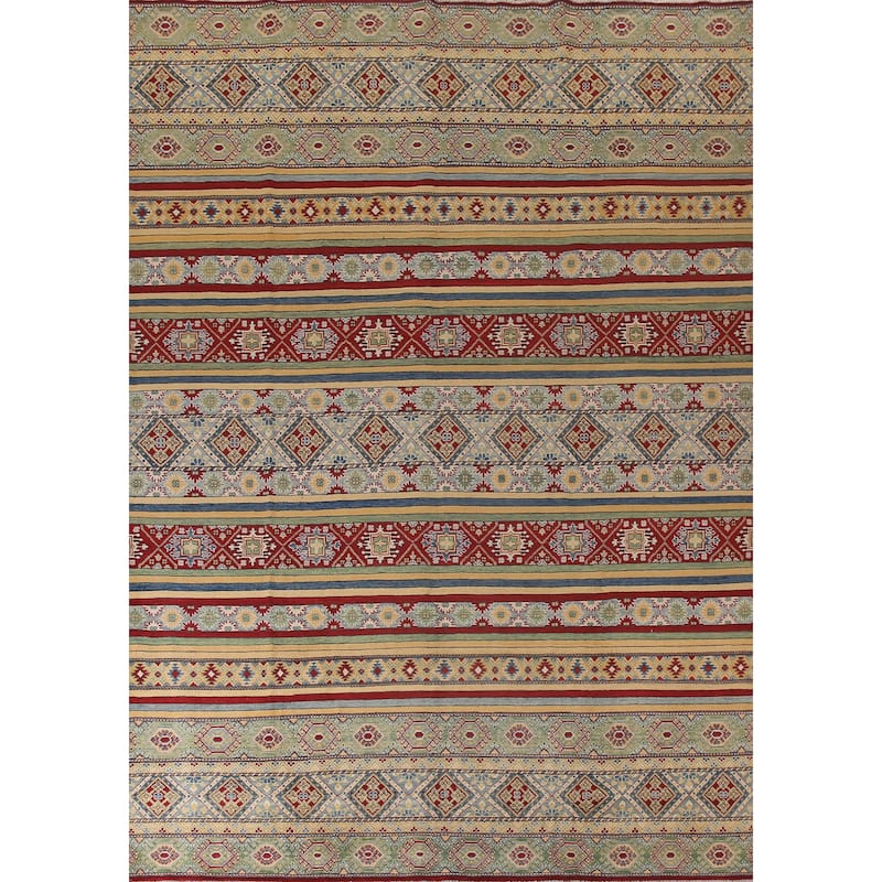 Striped Kazak Geometric Area Rug Wool Carpet - 9'10" x 12'9"