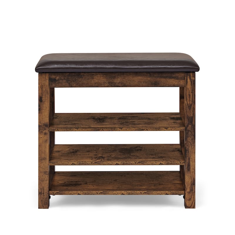 Roomfitters Height Adjustable Wooden Shoe Bench with Cushion Seat and Concealed Storage Compartment, Charcoal Grain, Vintage