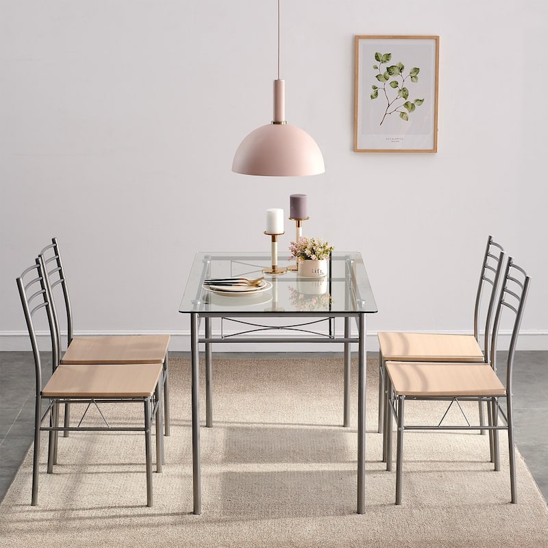 VECELO 5-Pieces Glass Dining Table and Chair Sets Metal Kitchen Room Furniture (Silver)