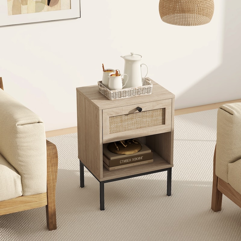 Set of 2 Rattan Nightstand End Table with Rattan Drawer and Open Shelf