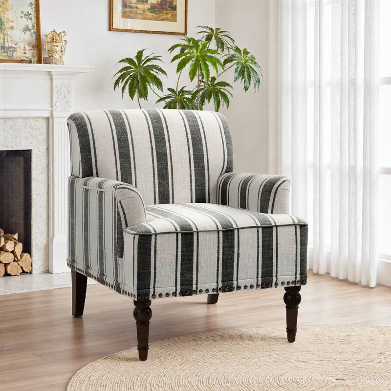 Striped Upholstered Linen Armchair with Brass Nailhead Trim