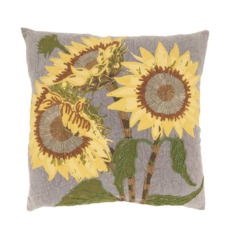 Embroidered Sunflower Throw Pillow - 20"x20" - Feather Down - Grey