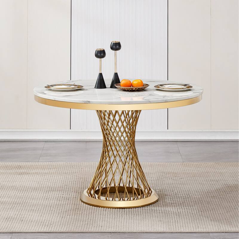 47" Round Dining Table with Faux Marble Tabletop and Stainless Steel Base - Gold+White