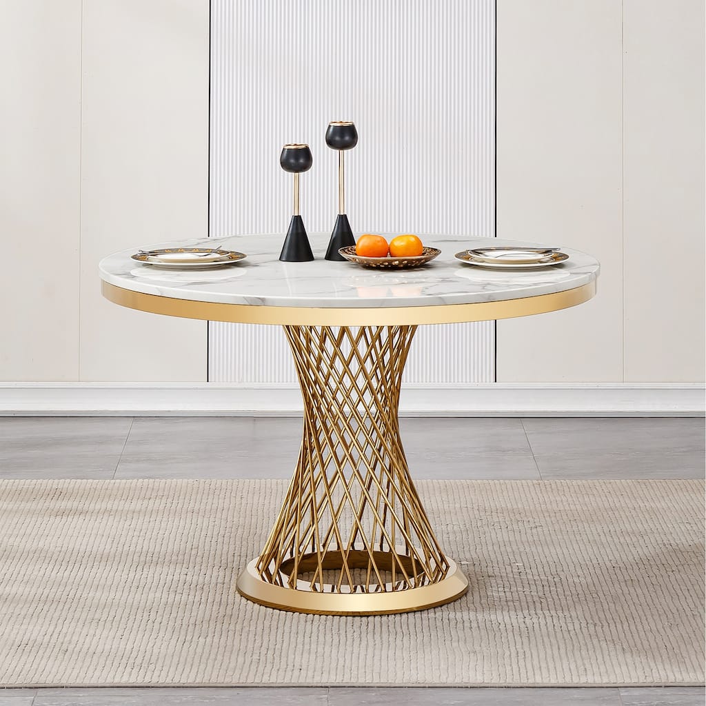 47" Round Dining Table with Faux Marble Tabletop and Stainless Steel Base - Gold+White