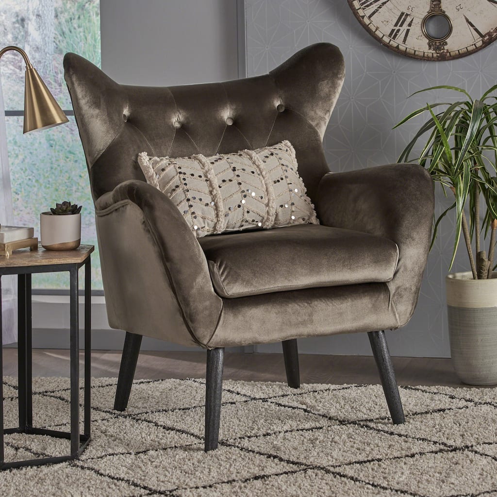 Grey Modern 34.25" Velvet Upholstered Button Tufted Arm Chair with Oak Wood Frame and Semi-Soft Seat