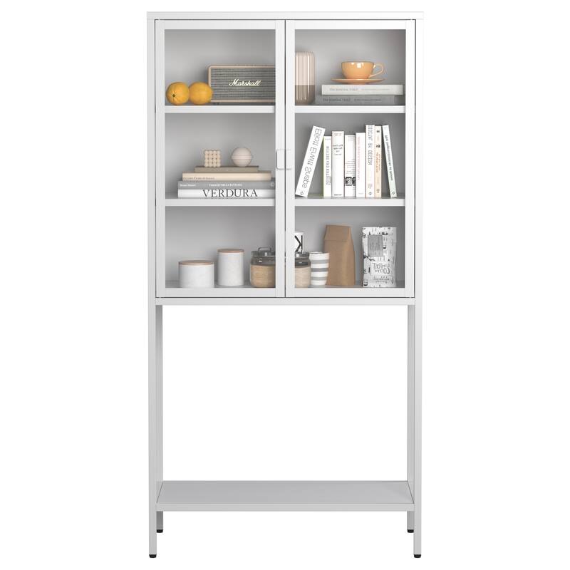 Heavy-Duty Metal Storage Cabinet - Display Cabinet with Glass Doors and 2 Adjustable Shelves