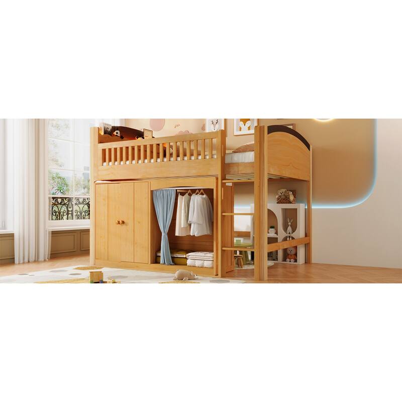 Roomfitters Twin/Full Size Loft Bed with Storage Cabinet, Wardrobe and LED Light