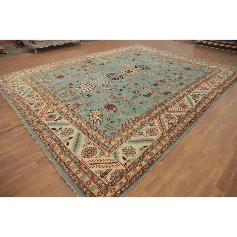 Hand-knotted Transitional Wool Carpet Blue Oushak Rug Floral Oriental Area Rug - 14' 10'' X 11' 10''