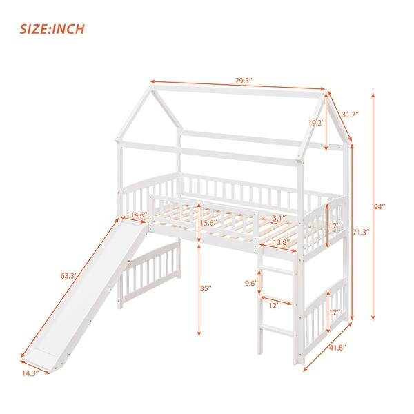dimension image slide 0 of 3, Cottage Style Twin Size Wood Loft Bed with Slide,Playhouse Design Solid Pine Wood Bed,Maximized Space Saving
