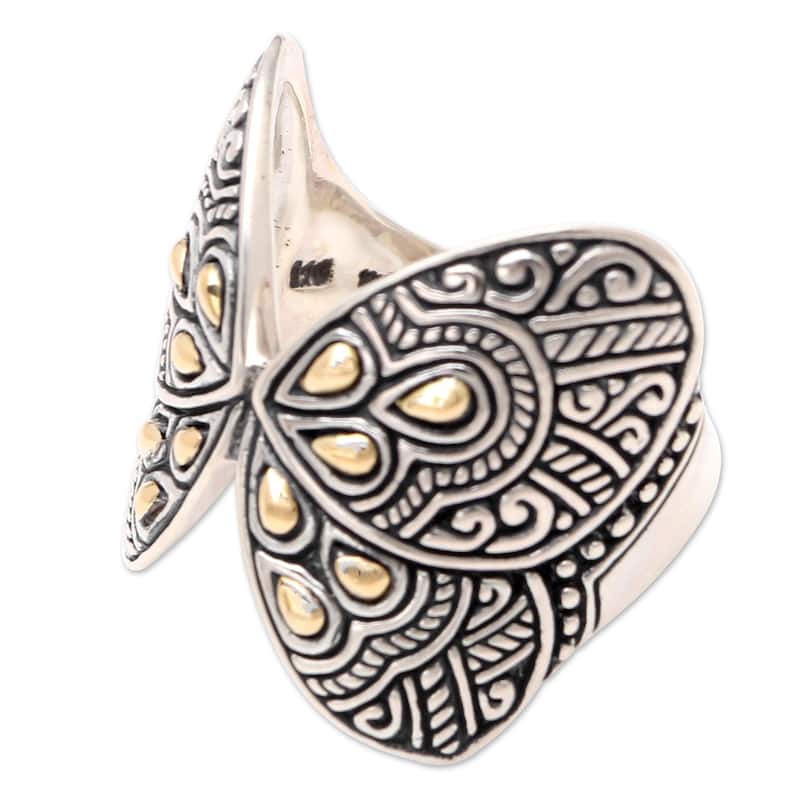 Novica Handmade Give Me Butterflies Gold-Accented Cocktail Ring - Silver