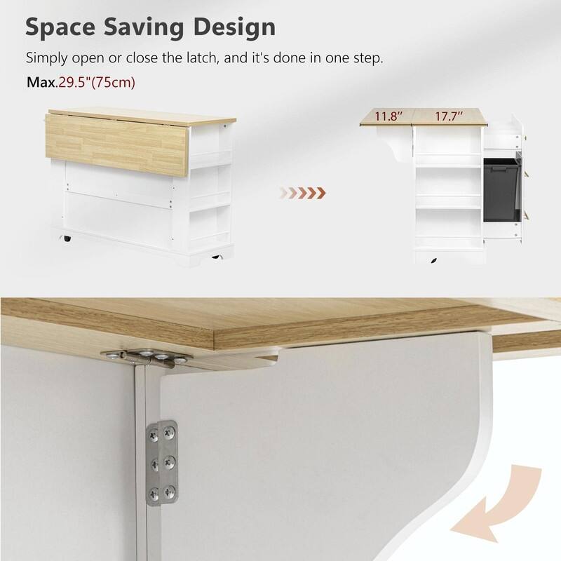 Rolling Kitchen Island with 6 Drawers, Pull-Out Trash Can Storage, Drop Leaf, Power Outlet & Side Racks