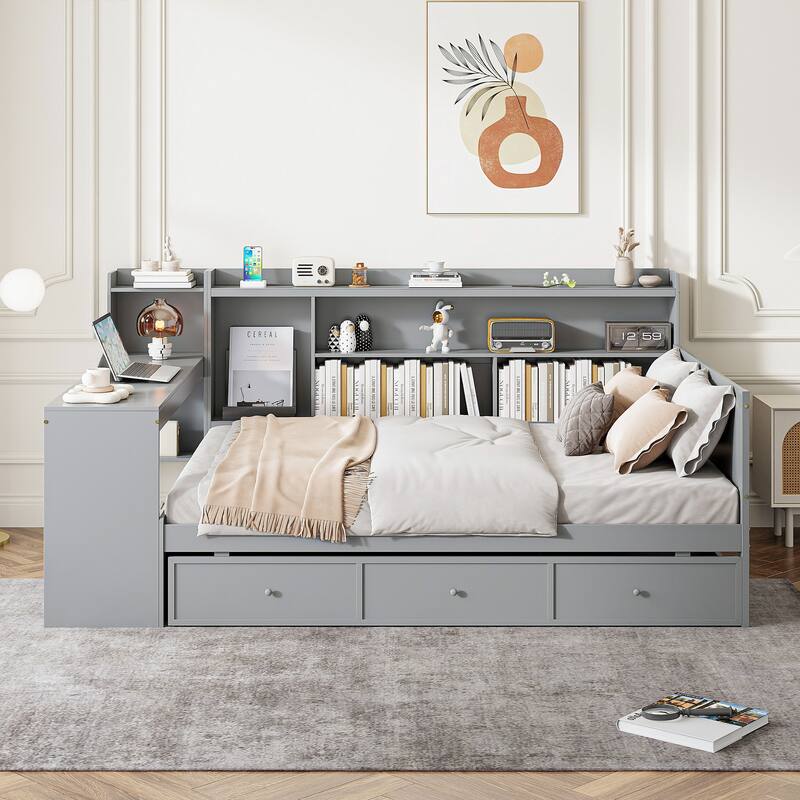 Full Size Wooden Daybed with Drawers, USB Ports, and Integrated Desk, Gray