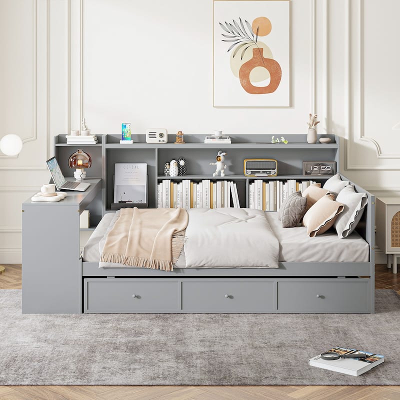 Gray Full Size Wooden Daybed with Drawers, USB Ports, and Desk