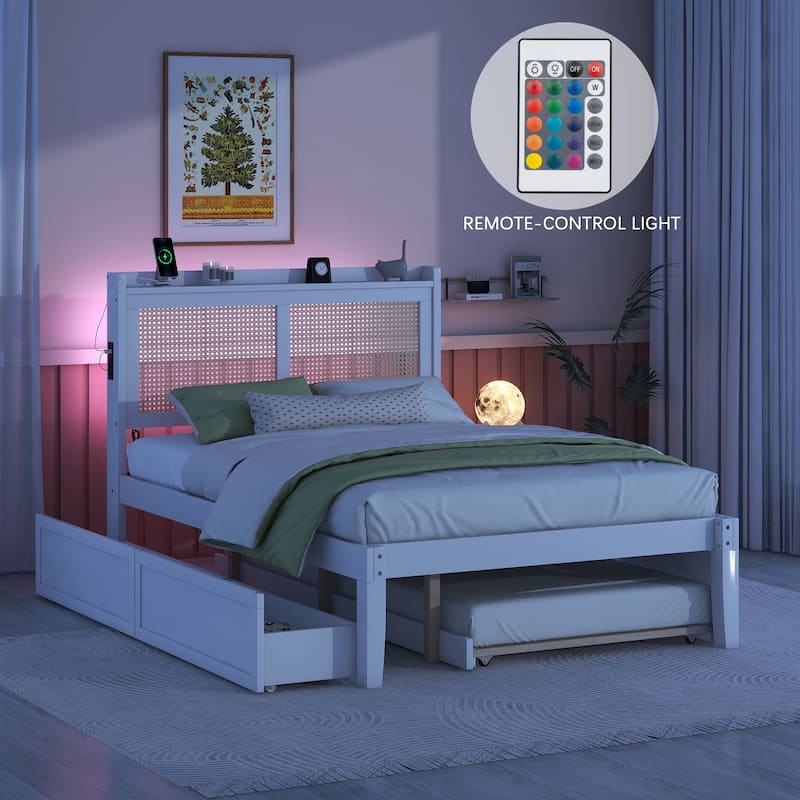 MidCentury Modern Full Size Platform Bed with Rattan Headboard and