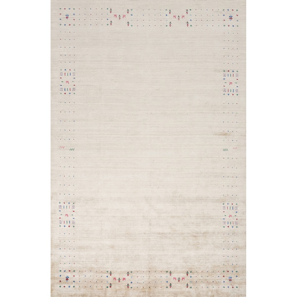 Hand Knotted Oriental Viscose Silk Carpet Tribal Animal Pictorial Beige & Ivories Gabbeh Area Rug - 11' 9'' X 8' 10''