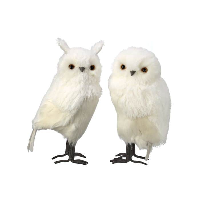 14" Feather White Owl Set of 2