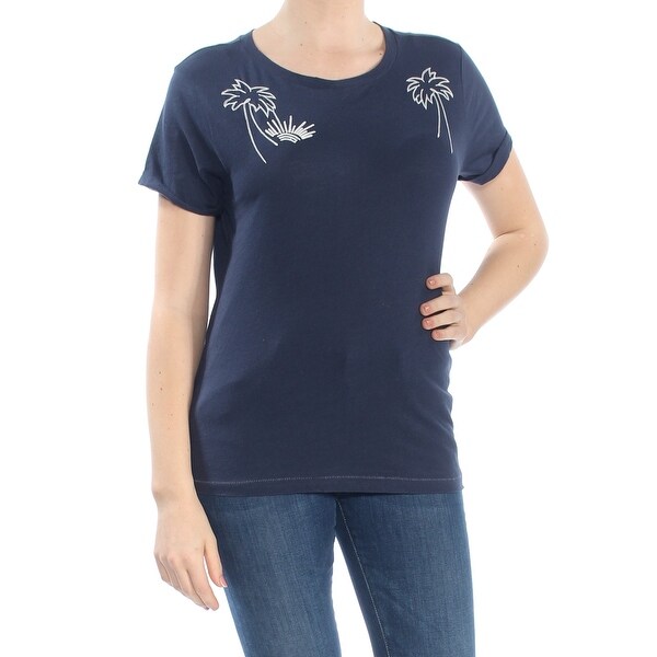 LUCKY BRAND Womens Navy Embroidered Graphic Short Sleeve Crew Neck T-Shirt Top Size: L