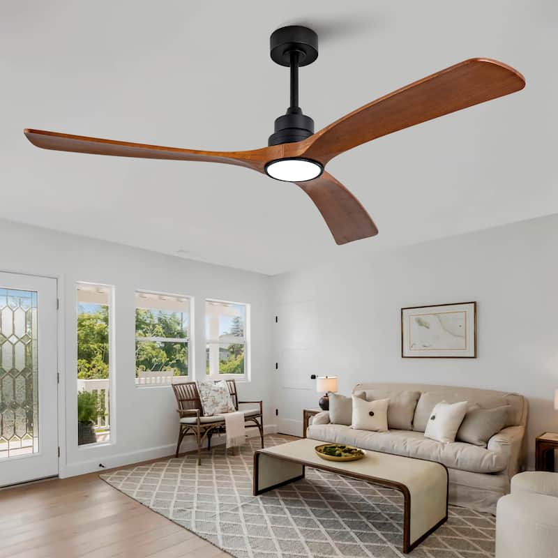 60 Inch Wood Ceiling Fan With 3 Solid Wood Blades Remote Control Reversible DC Motor For Living Room - Black - Black
