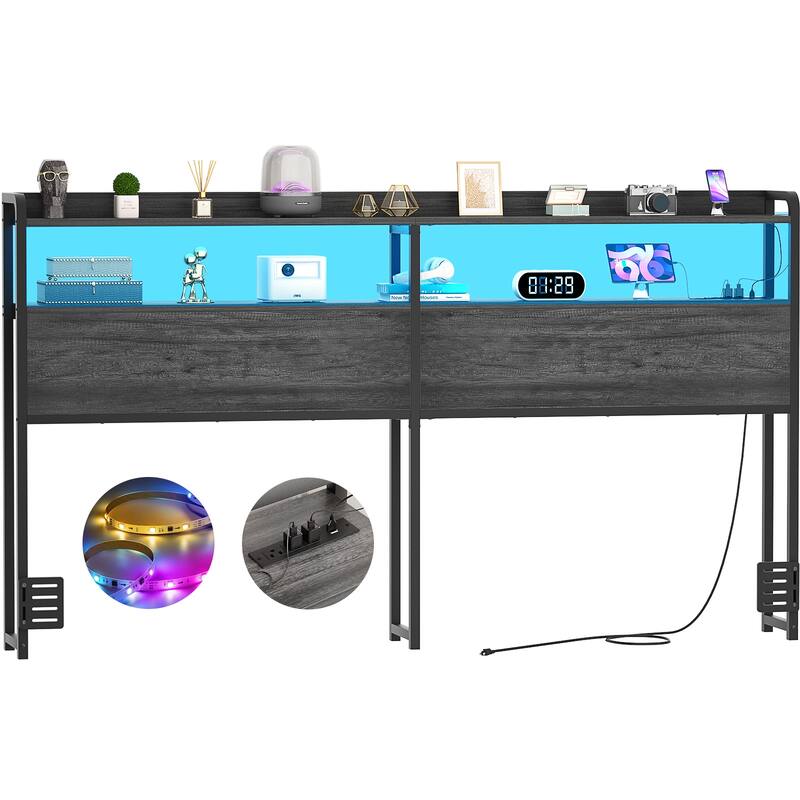 Headboard with Storage Drawers and LED Light, Head Board with Outlets, USB Ports