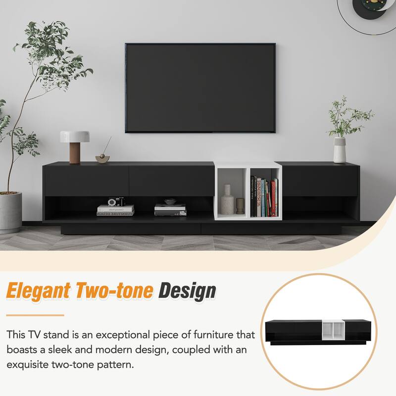 Modern Minimalist 2-Tone TV Stand, for TVs Up to 80" with 3 Drawers and Versatile Compartment, for Living Room, Black