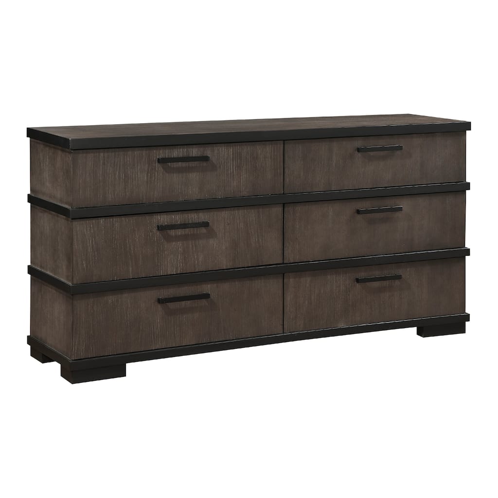 Acy 67 Inch Dresser, 6 Drawers, Brownish Gray, Black Wood, Bar Handles