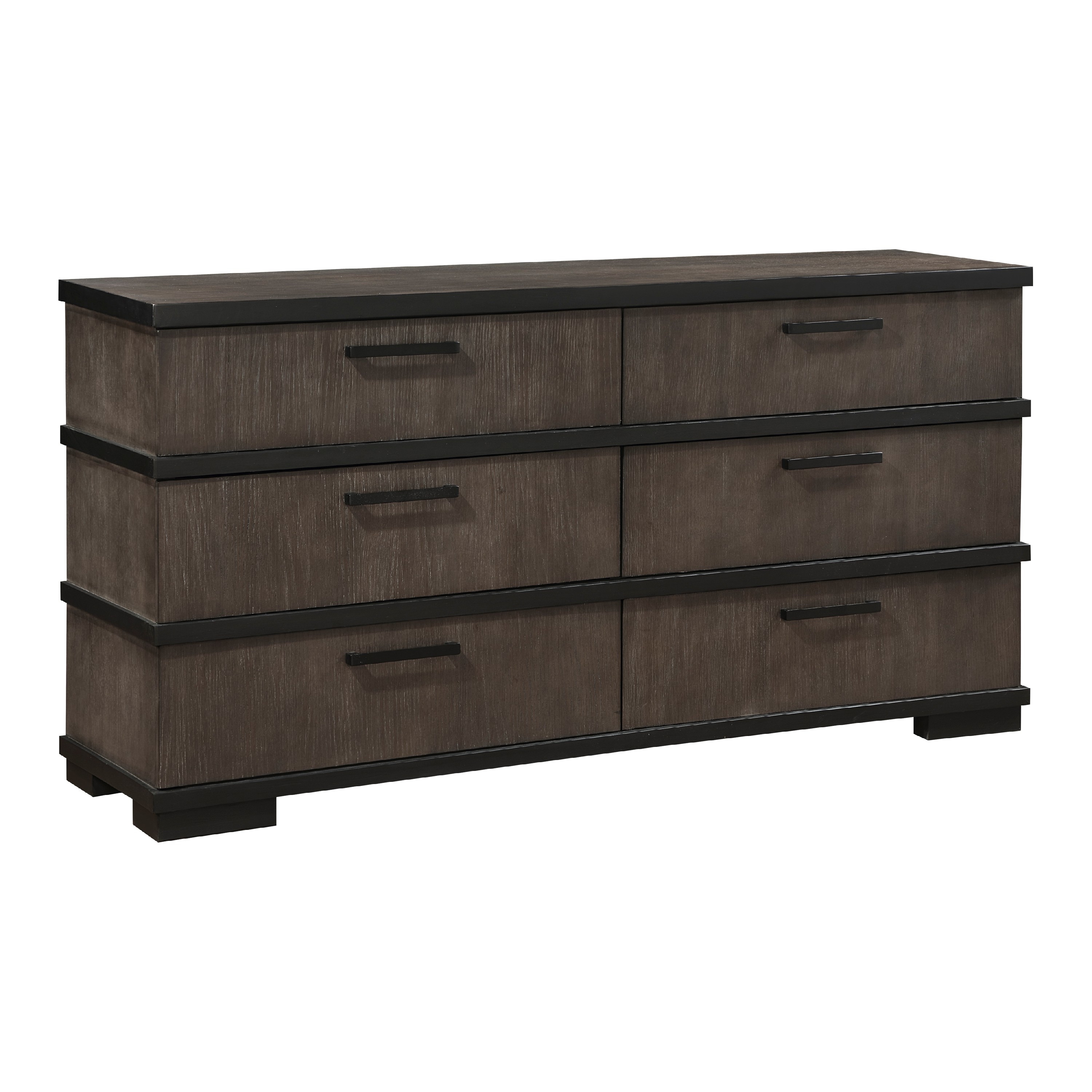 Acy 67 Inch Dresser, 6 Drawers, Brownish Gray, Black Wood, Bar Handles