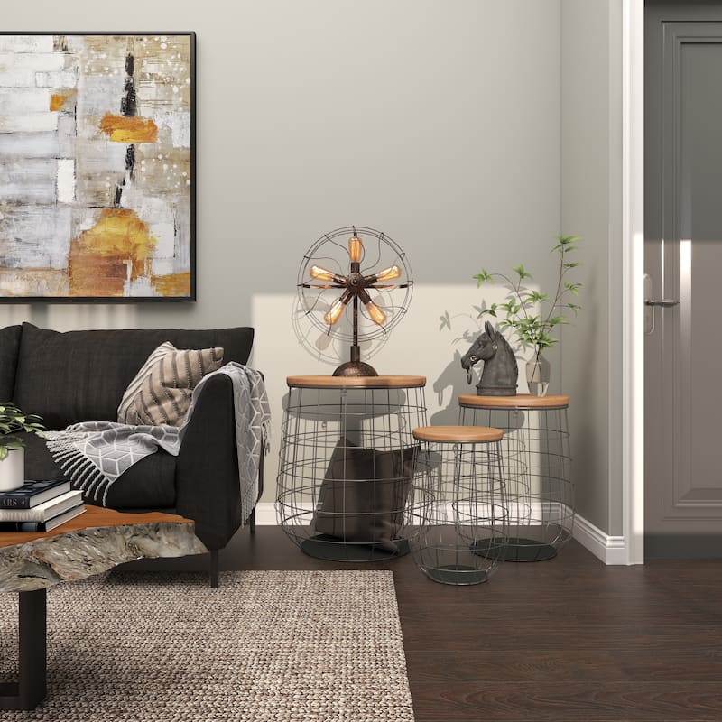 Brown Metal Decorative and Functional Storage Basket with Wood Lids (Set of 3)